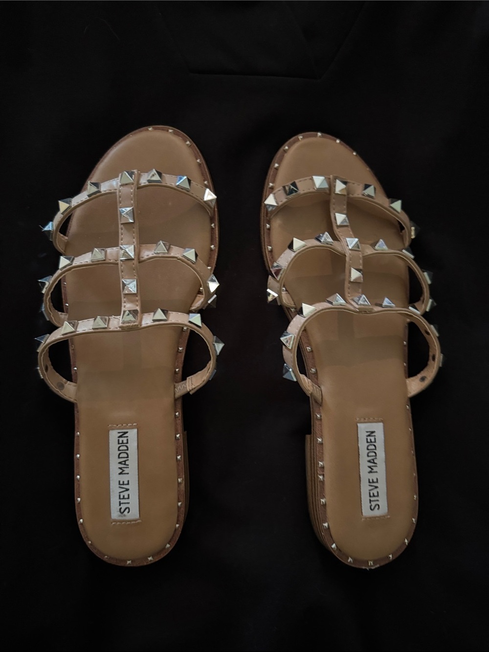 Steve Madden Nude/Tan Pyramid-Stud Triple-Strap Slide Sandals